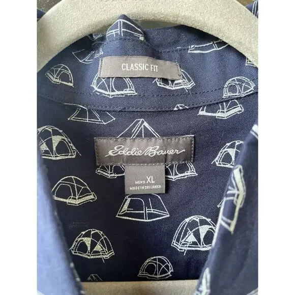 Eddie Bauer Shirt Mens XL Button Up Blue Short Sleeve Camp Tent All Over Print - Picture 4 of 8